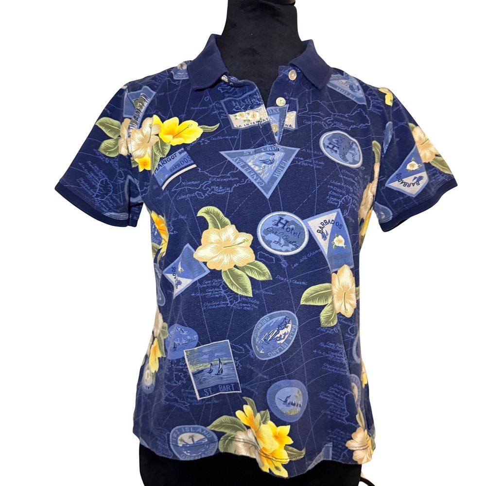 Womens Caribbean Joe Hawaiian Polo Blue Button Down Floral Tropical Cotton SZ PM